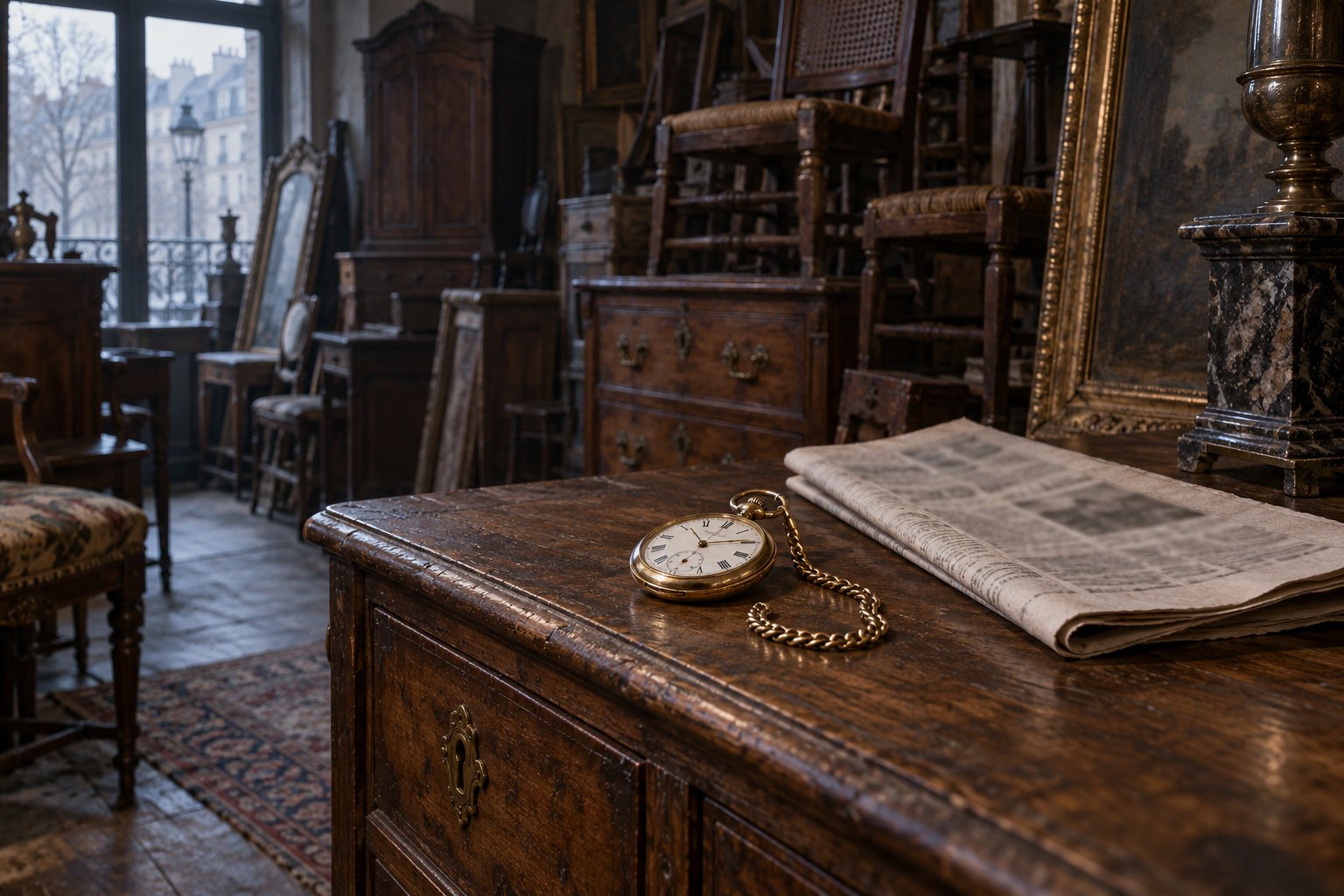 Composition symbolique : montre et journal dans une boutique de meubles imaginée.