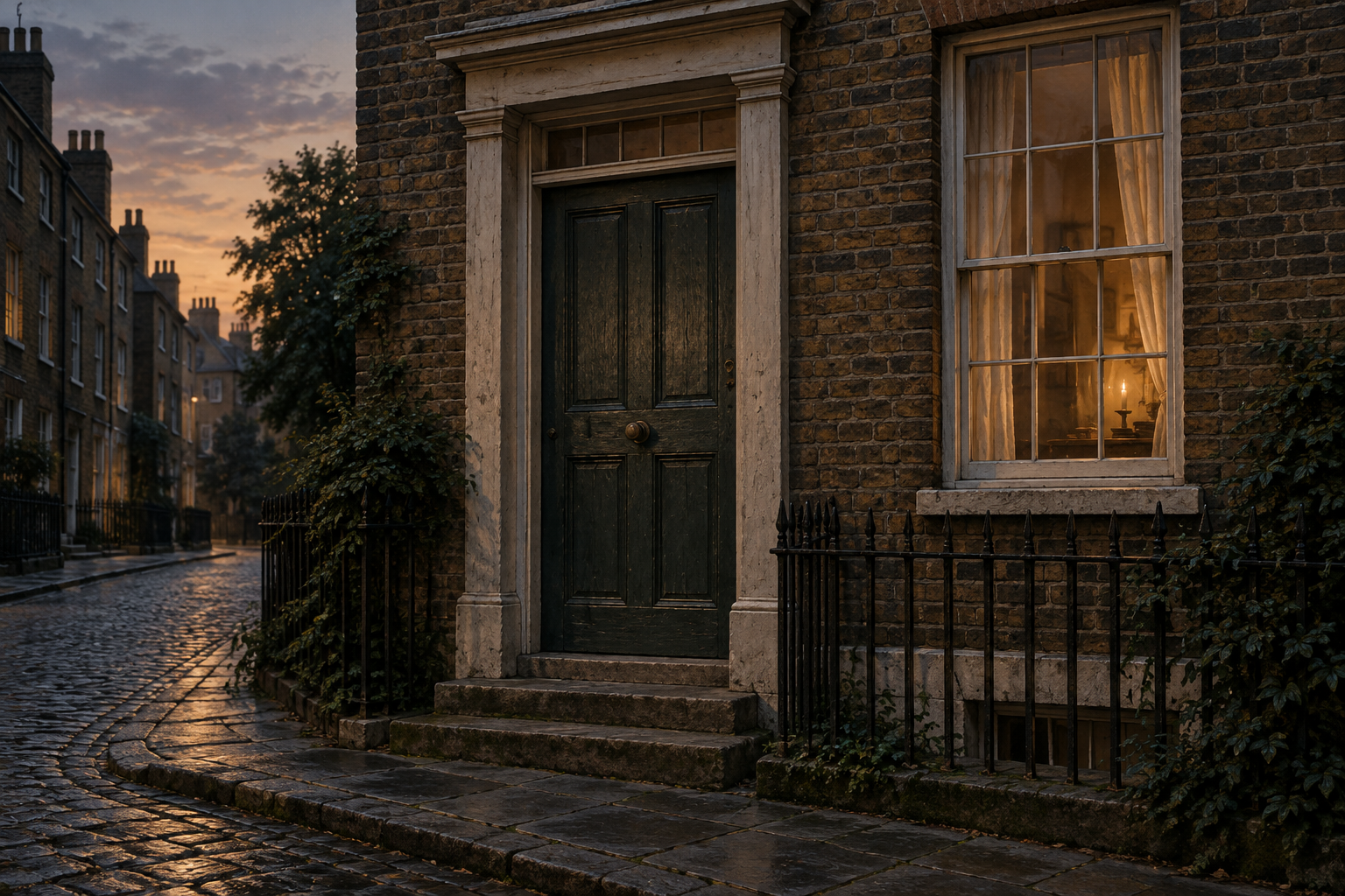 Une porte fermée et une fenêtre éclairée dans une rue londonienne imaginée du début du XIXe siècle.