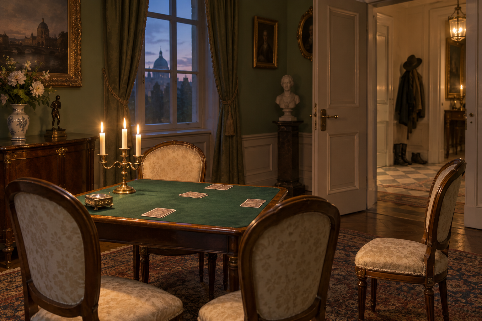 Évocation d’un salon berlinois vers 1803 : table de whist, cartes vues de dos et chaise laissée libre.