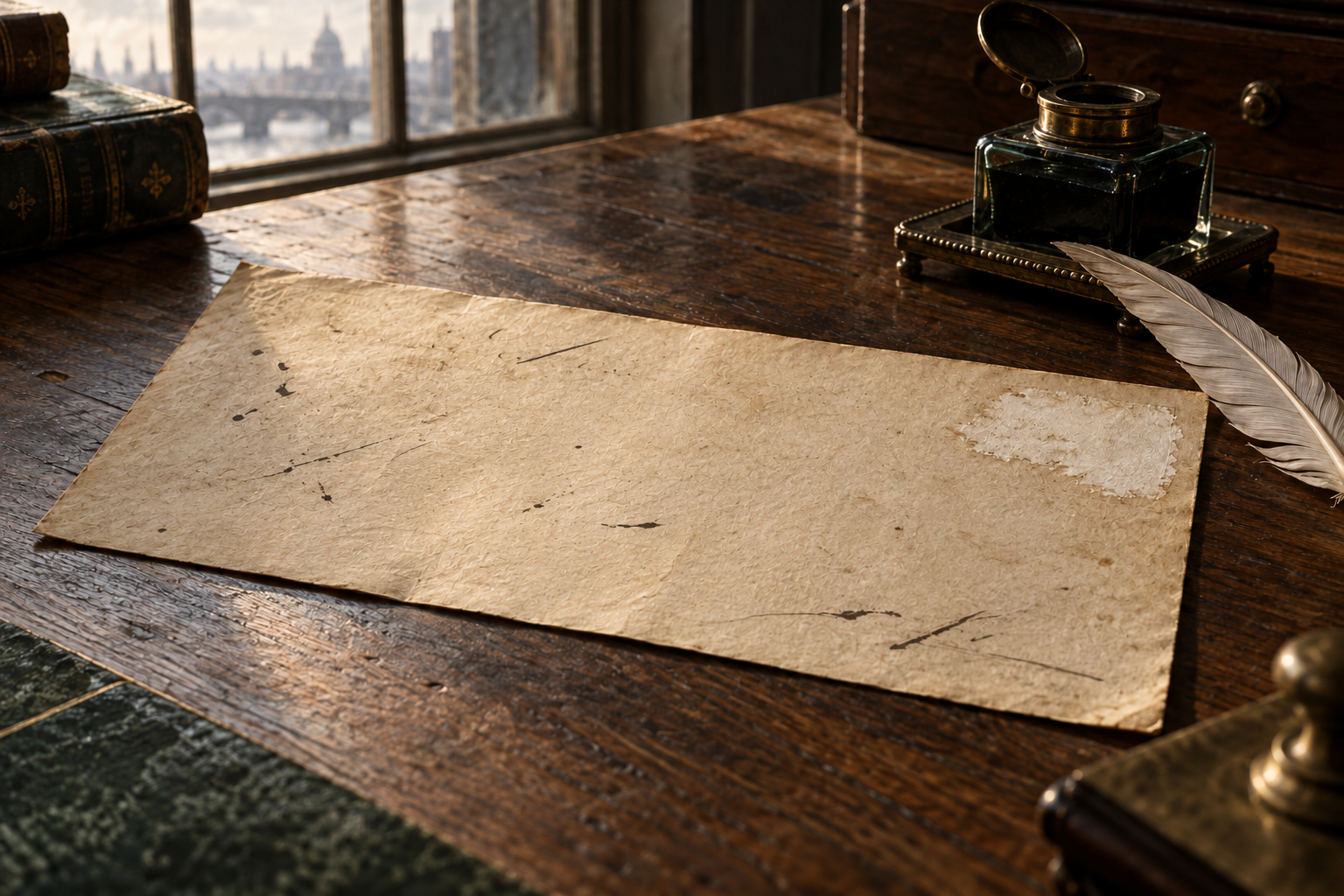 Un papier ancien à l’écriture indistincte sur un bureau, avec une zone pâlie au coin.
