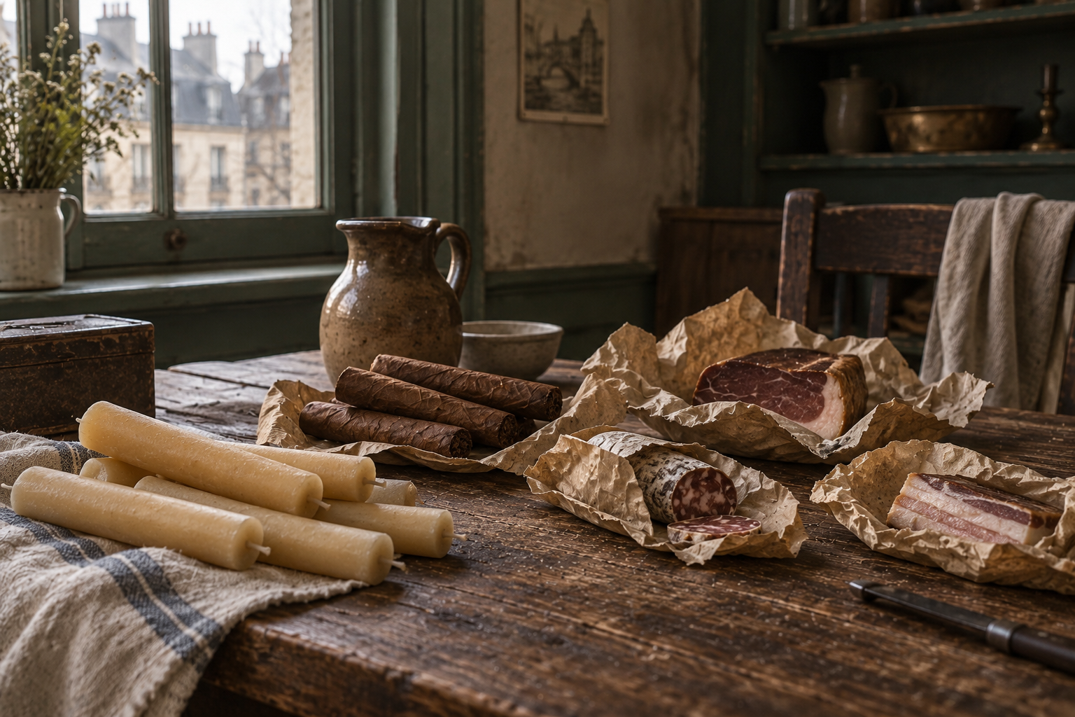 Évocation contemporaine des achats rapportés dans l’affaire Parisot : bougies, cigares et papiers de charcuterie.