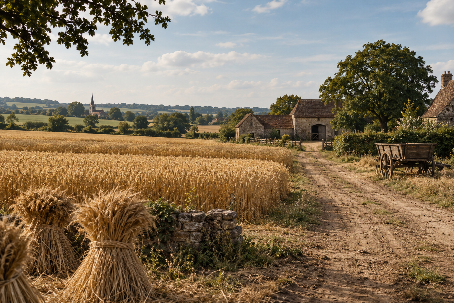 Évocation d’un champ de blé et d’un chemin de ferme dans l’Eure vers 1875, sans personne ni arme.