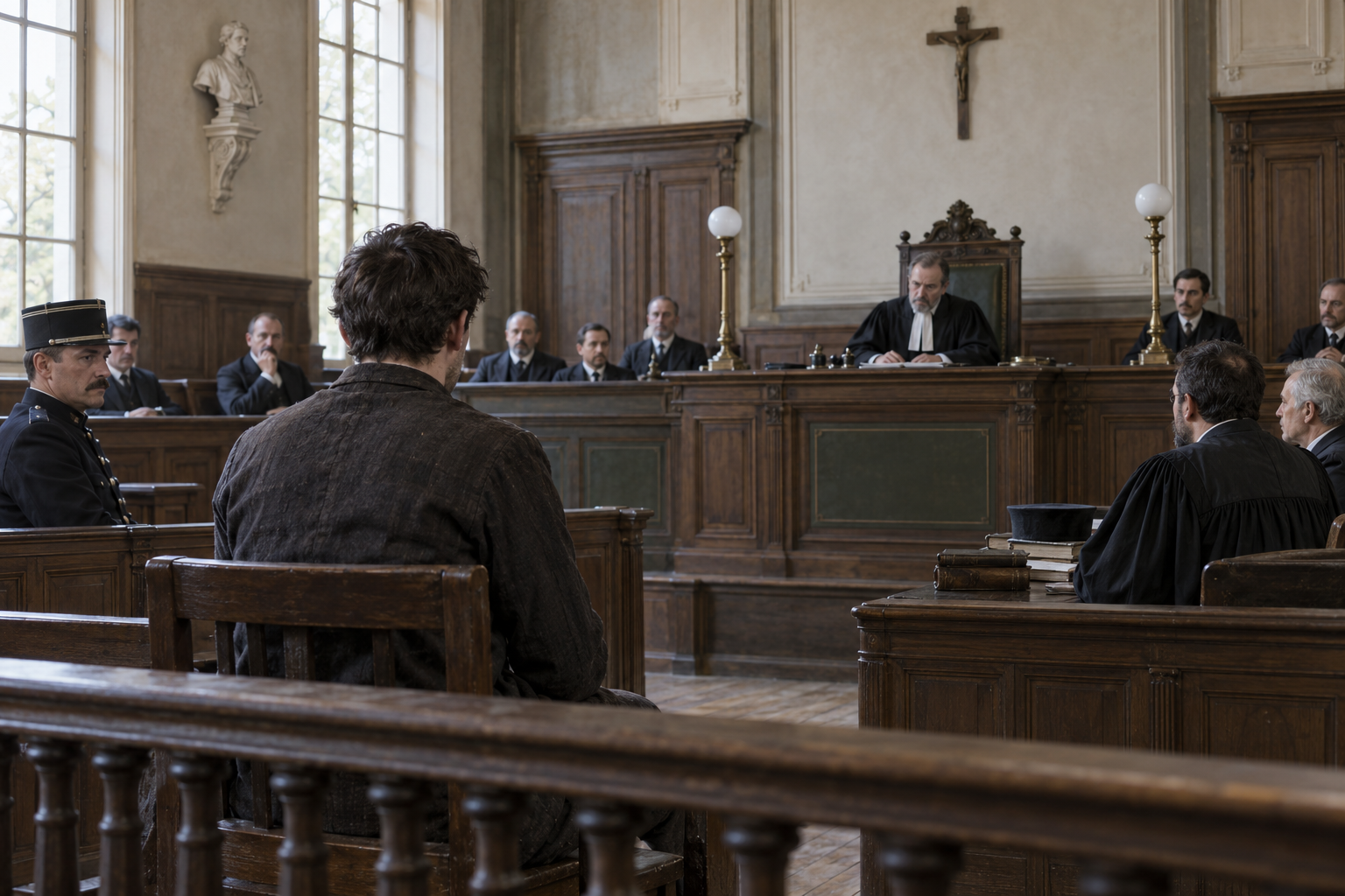 Évocation d’un interrogatoire aux assises françaises vers 1886 : un jeune homme vu de dos face au président.