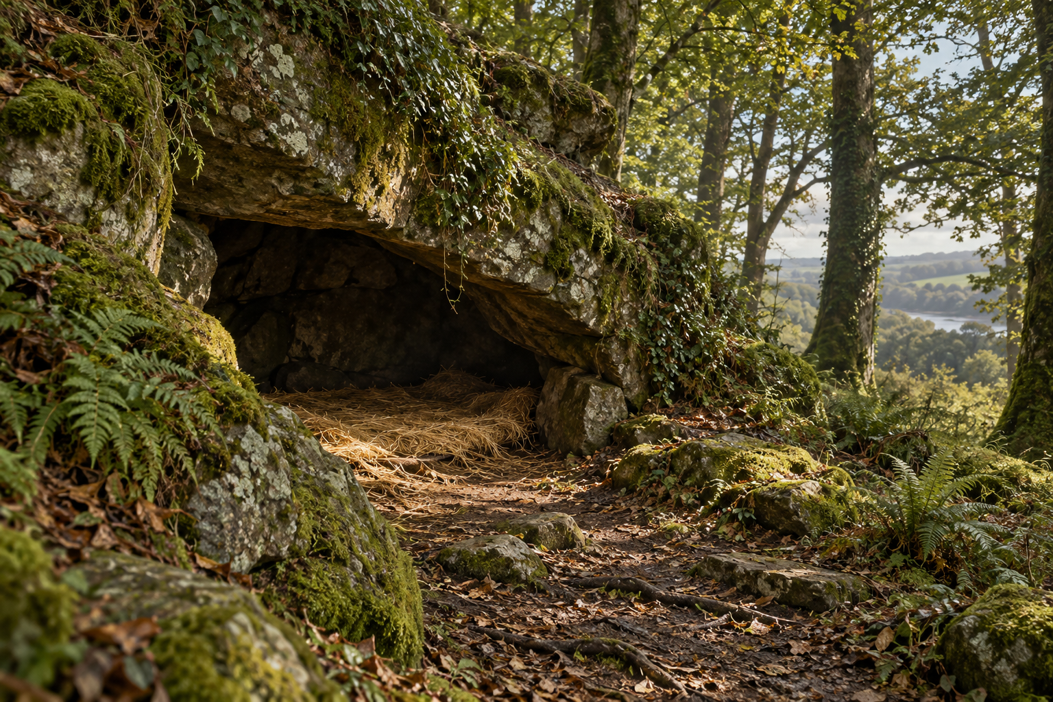 Un abri rocheux dans un bois irlandais, avec une couche de paille à l’intérieur.