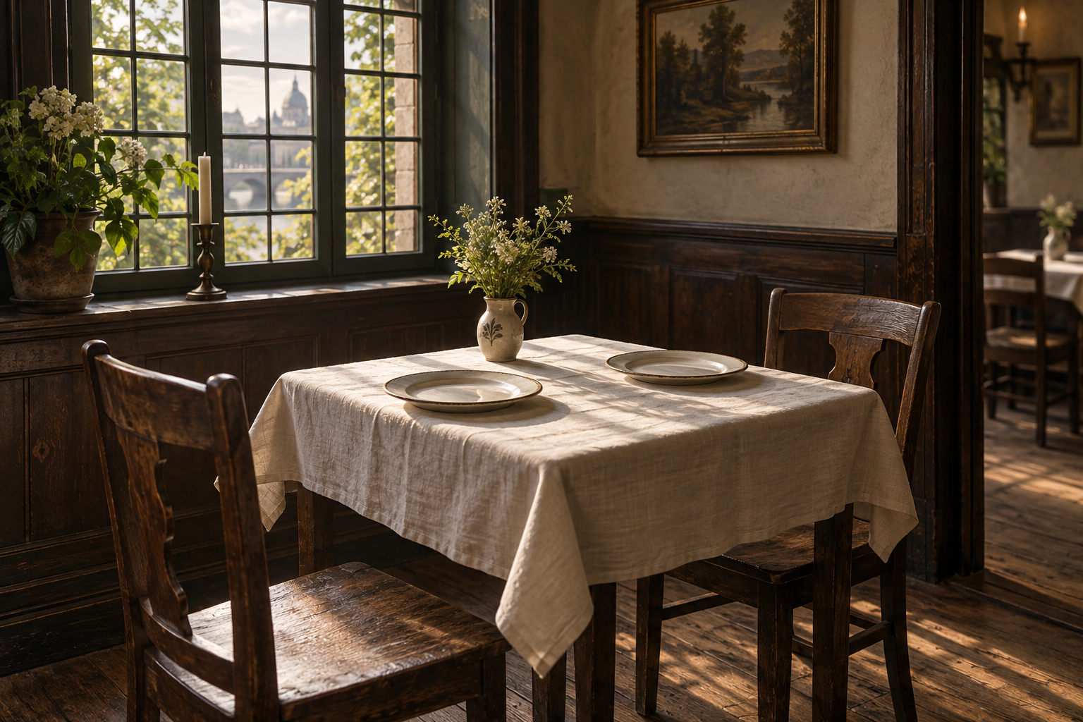 Deux assiettes vides dans une salle de restaurant berlinois imaginée.
