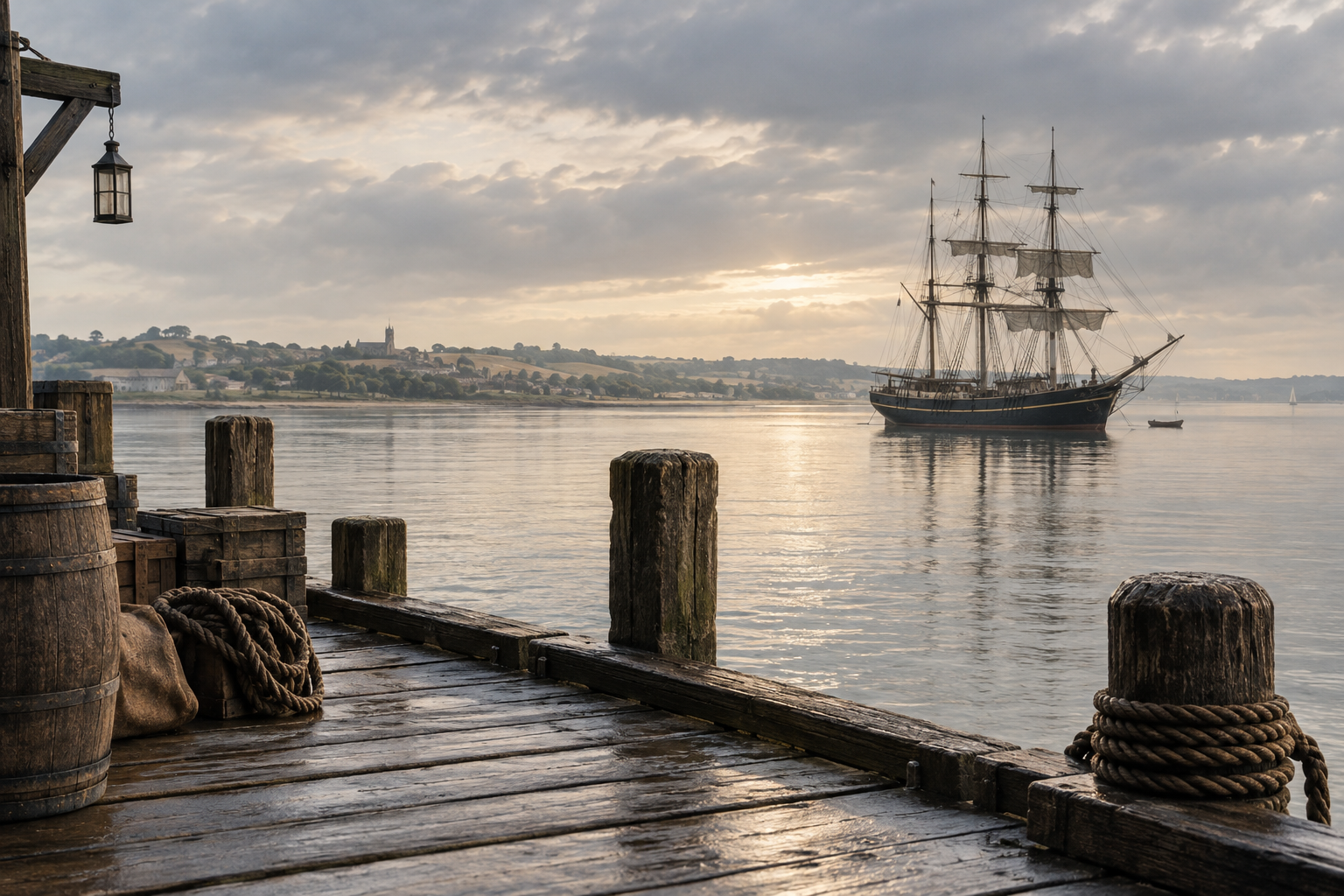 Quai vide et voilier anonyme au mouillage dans un paysage de la Tamise imaginé.