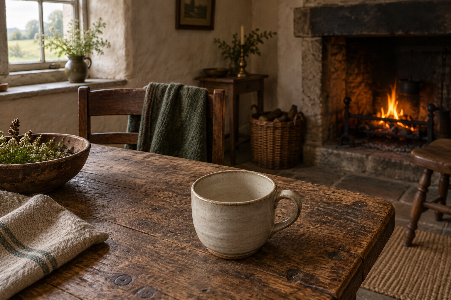Tasse vide sur une table de bois, devant une cheminée ancienne.