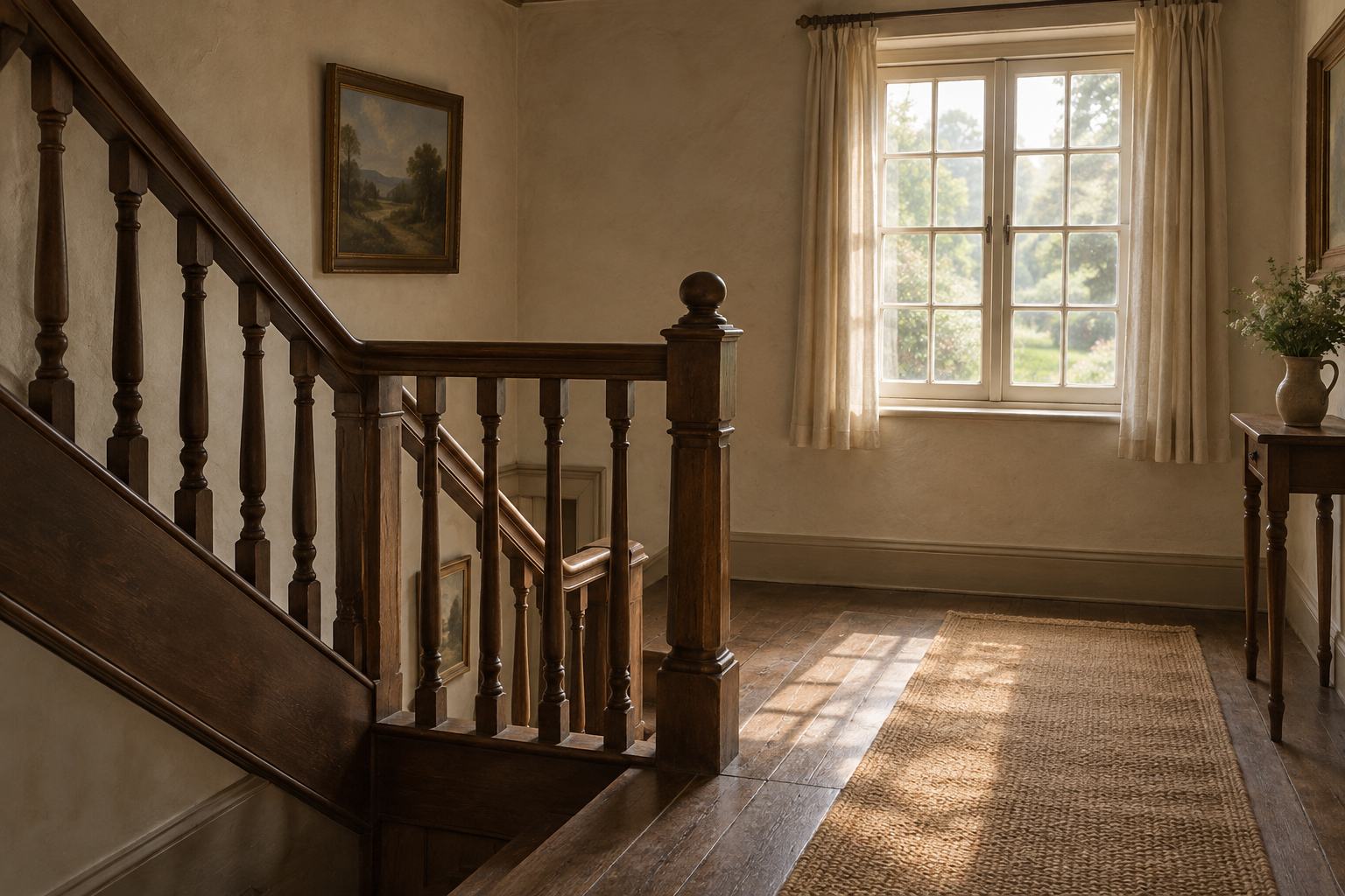 Fenêtre fermée et palier de bois dans un cottage anglais imaginé.
