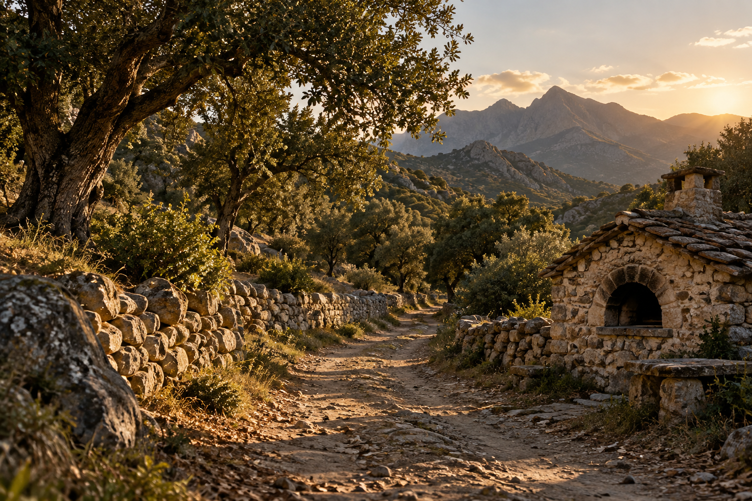 Chemin vide et four à pain dans un paysage corse imaginé.