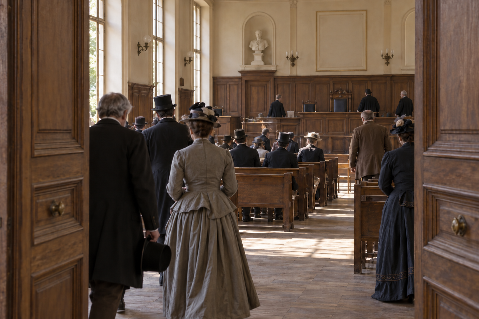 Évocation d’une salle d’audience qui s’ouvre au public après un huis clos.
