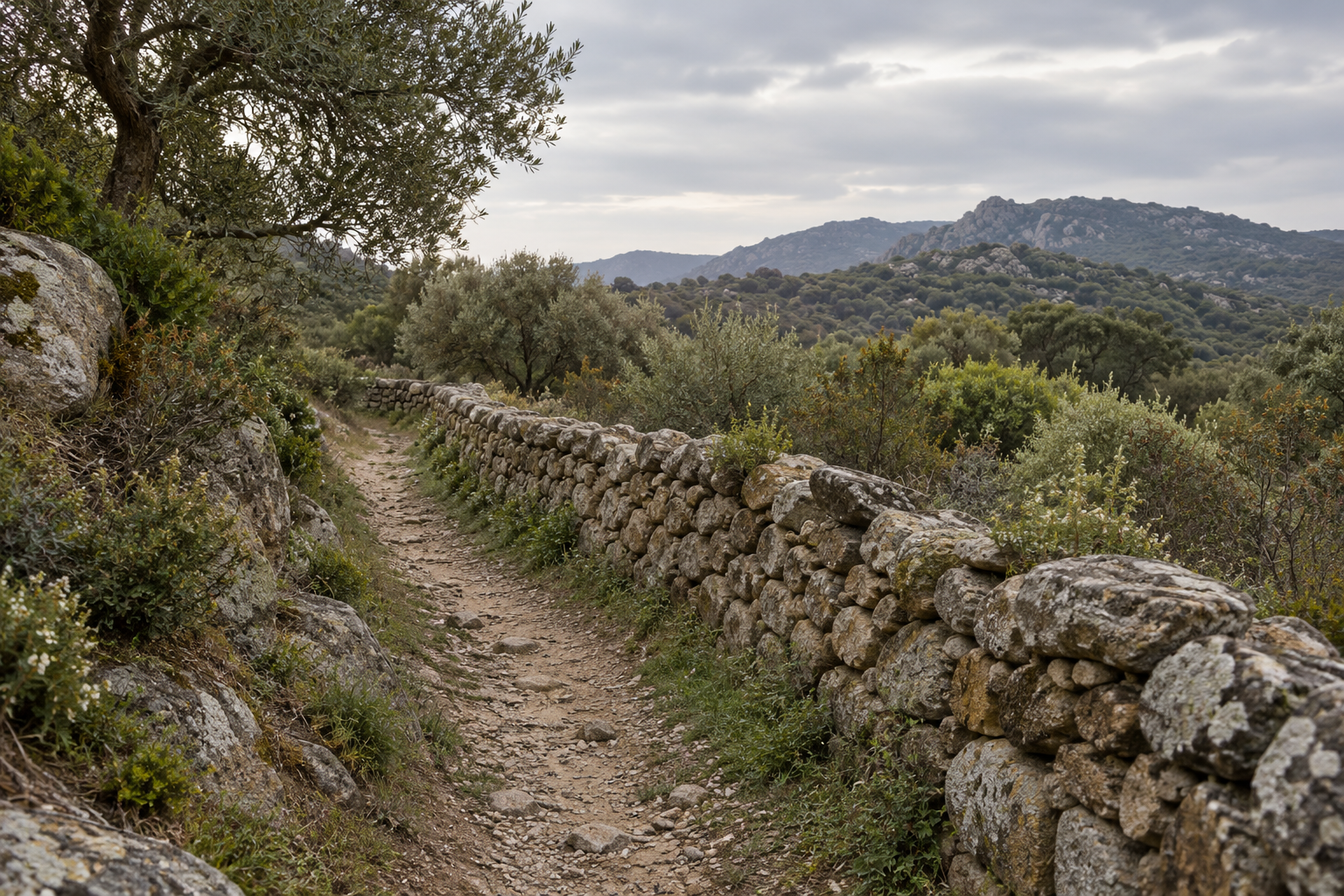 Évocation d’un chemin corse bordé d’un mur de pierre près de Lecci, sans personnages.