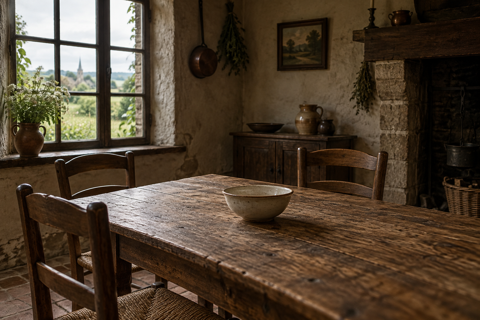 Bol vide sur une table de cuisine normande imaginée.