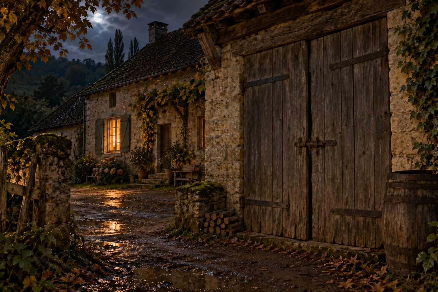 Un passage de ferme en pierre devant des portes de grange fermées, à la tombée du jour.