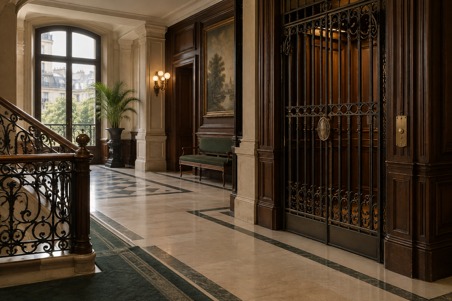 Palier d’hôtel imaginé, avec une grille d’ascenseur ancienne fermée.
