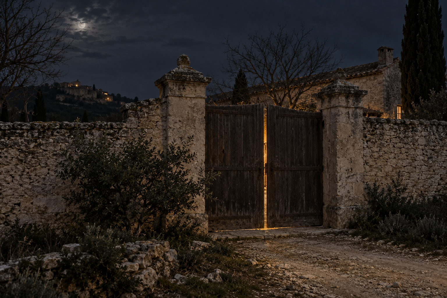 Évocation nocturne d’un portail de ferme en pierre, avec une faible lumière dans la cour, sans personnage.