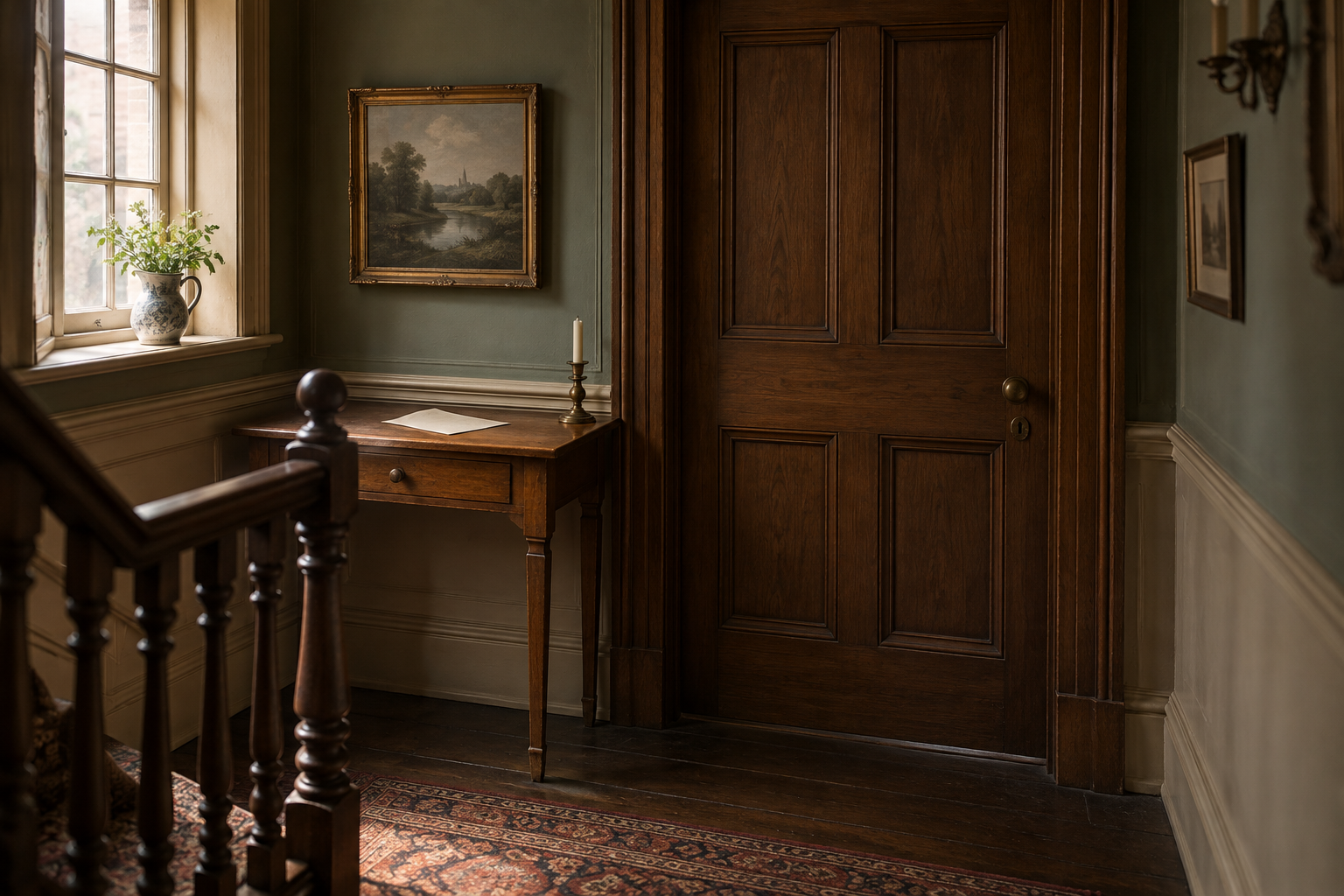 Porte fermée et feuille retournée dans une maison londonienne imaginée.