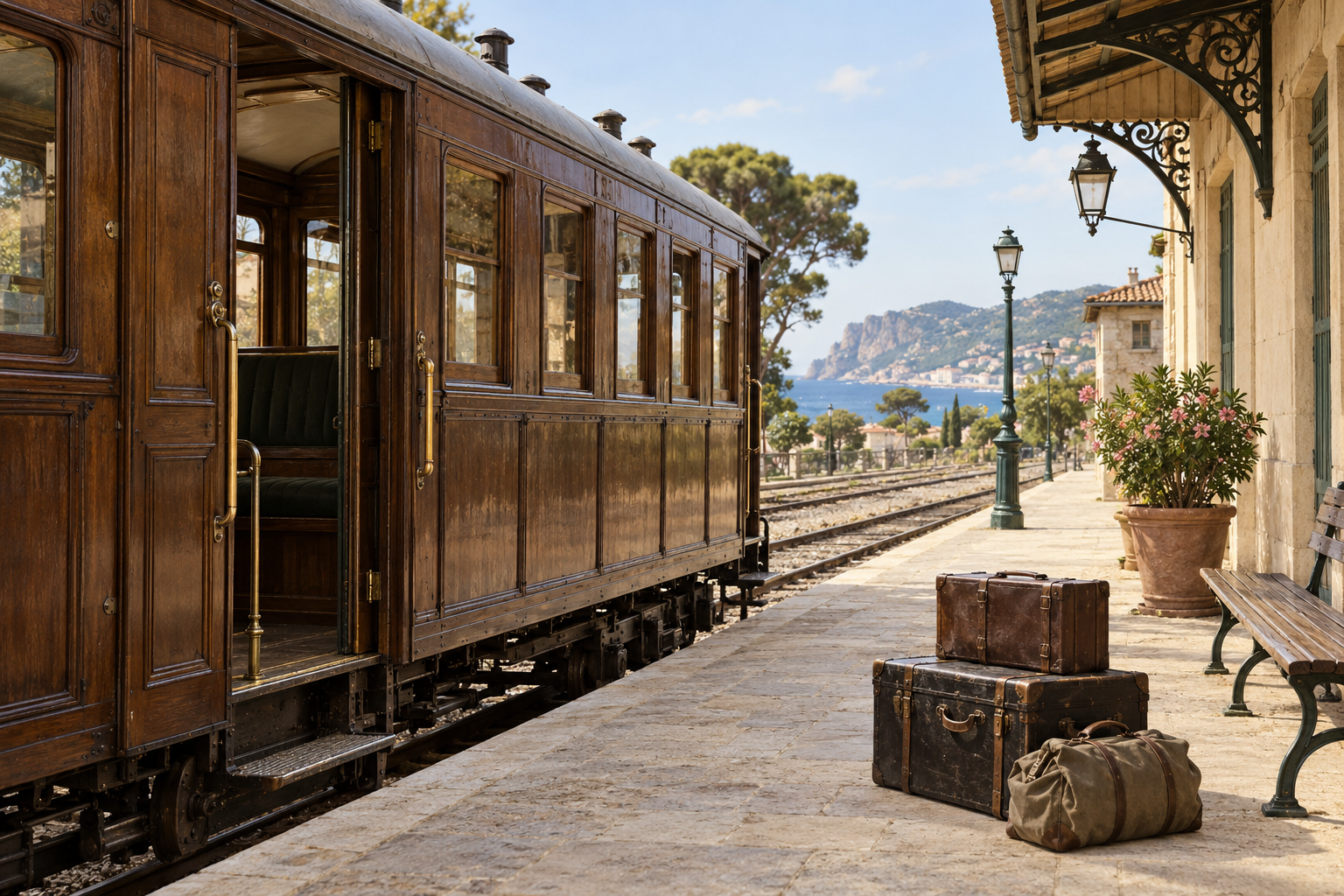 Évocation d’un wagon de voyageurs sur un quai près de La Ciotat vers 1876, sans personnes identifiables.
