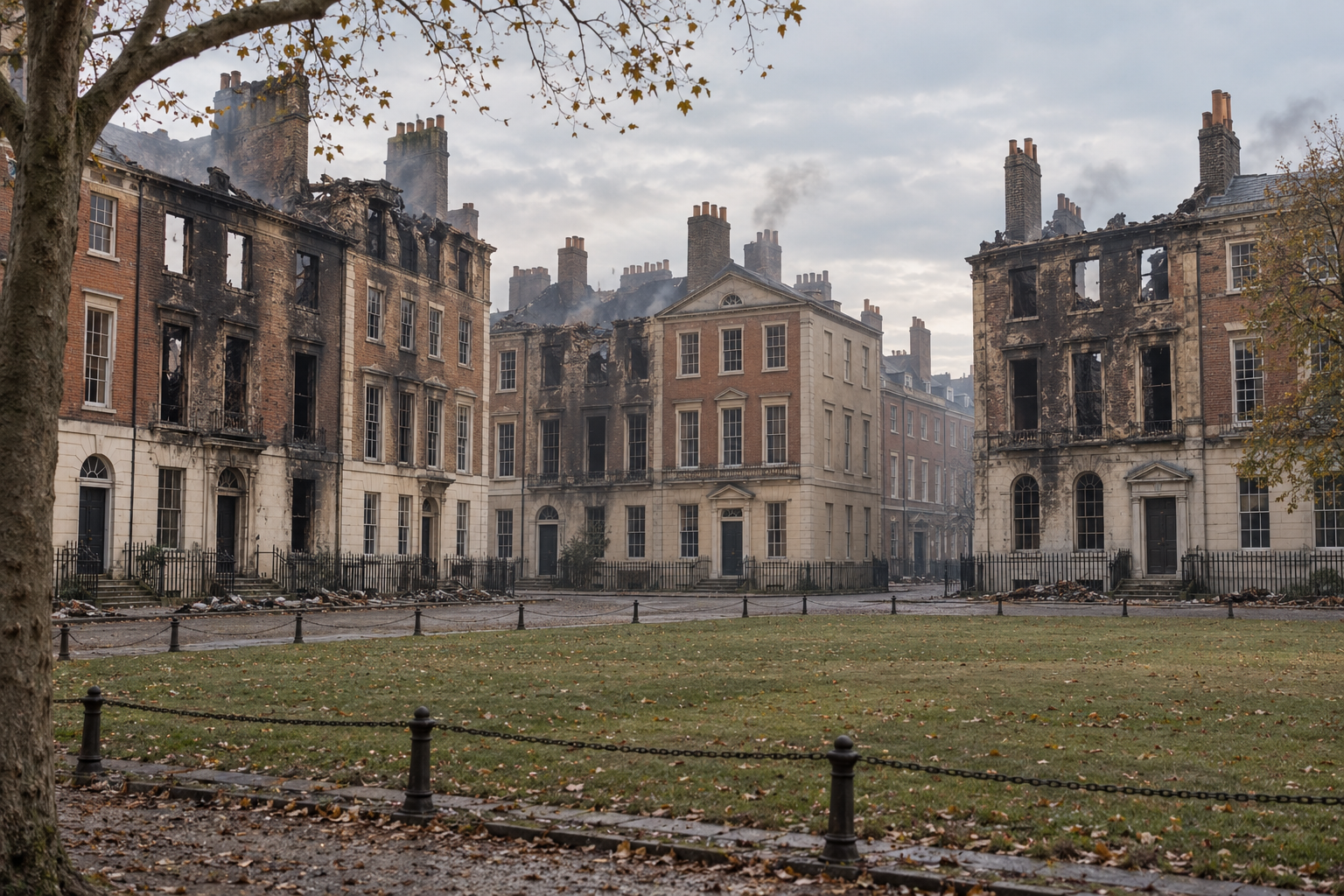 Évocation de bâtiments endommagés à Bristol après les incendies de 1831.