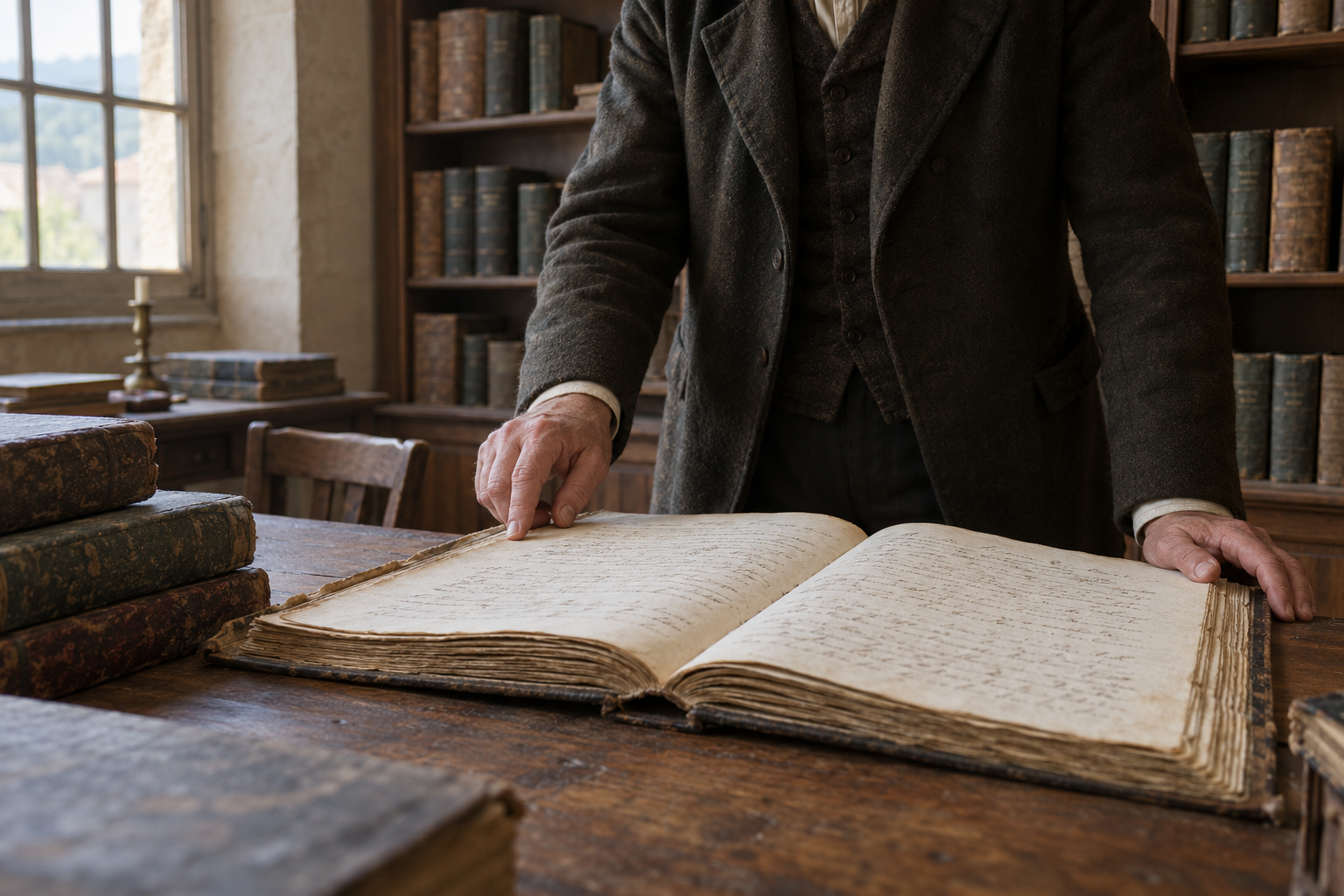 Évocation d’un greffier examinant un ancien registre ouvert dans des archives à Lodève, sans inscription lisible.
