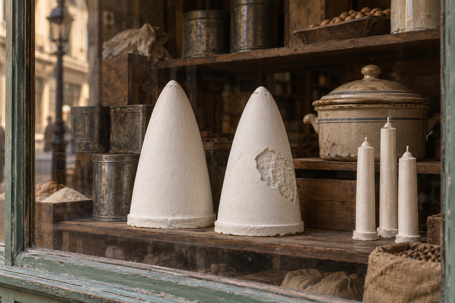 Évocation de marchandises factices en plâtre dans une vitrine d’épicerie imaginée.