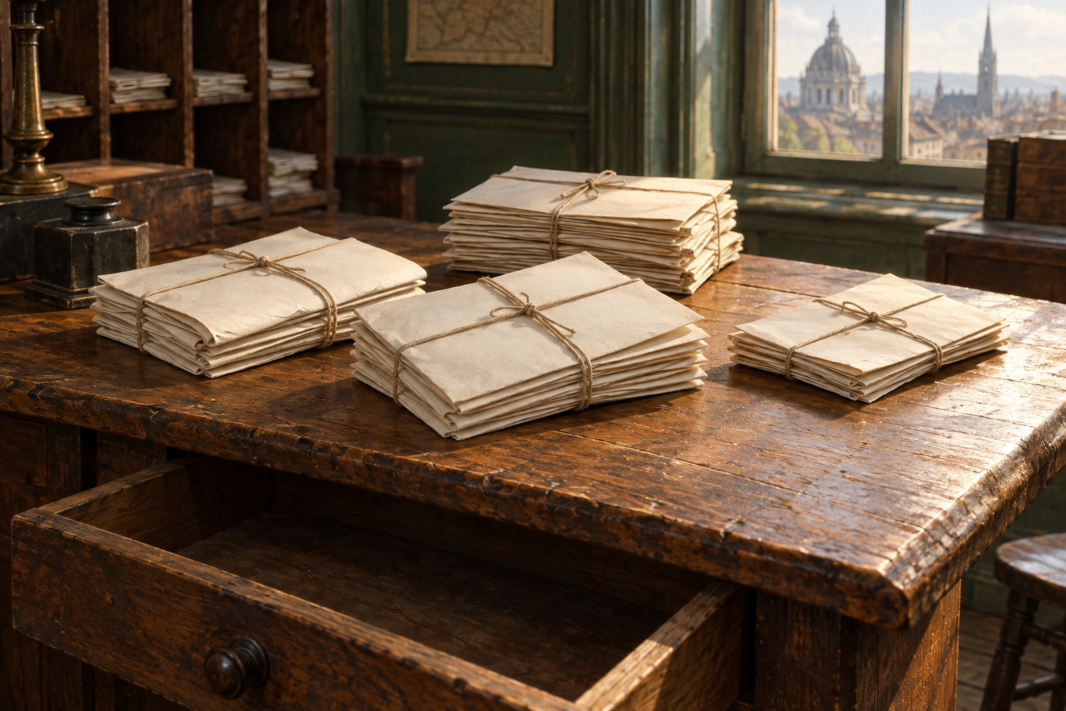 Des paquets de lettres sans inscriptions sur un bureau de bois avec un tiroir entrouvert.
