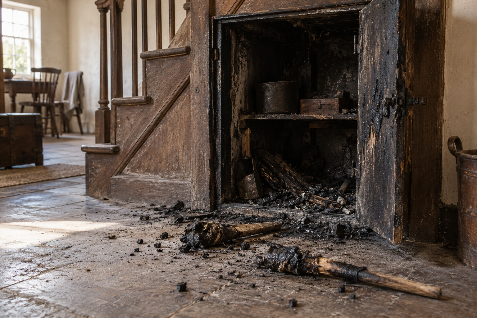 Évocation d’un placard brûlé sous un escalier et de deux fragments de torches anciennes après un incendie à Londres.