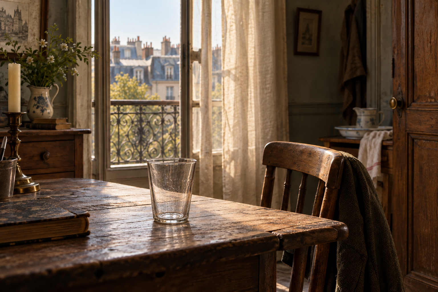 Un verre vide sur une table de bois dans une chambre parisienne imaginée.