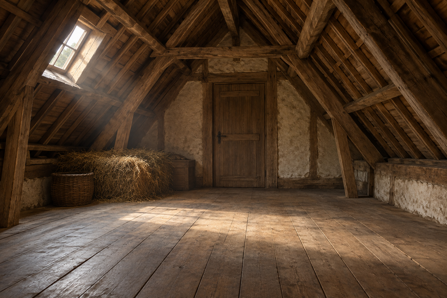 Charpente, foin et porte fermée dans un grenier rural imaginé.