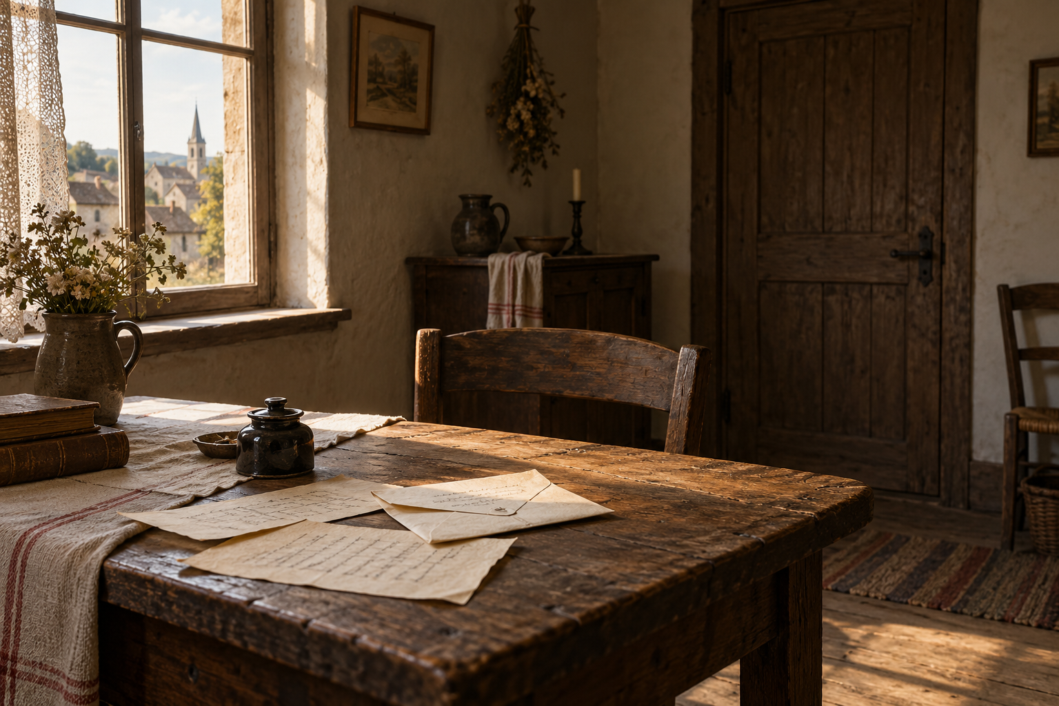 Évocation d’une lettre et de papiers sur la table d’une maison ancienne, devant une porte fermée.