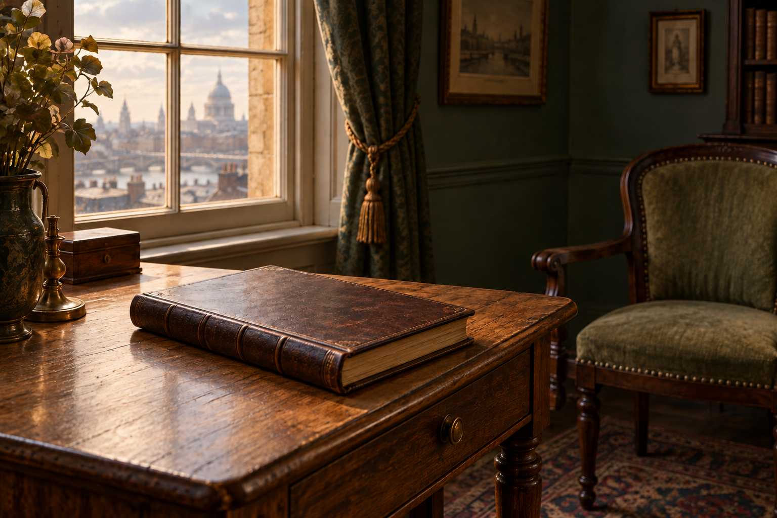 Un livre fermé sur une table près d’une fenêtre, dans une pièce londonienne imaginée du début du XIXe siècle.