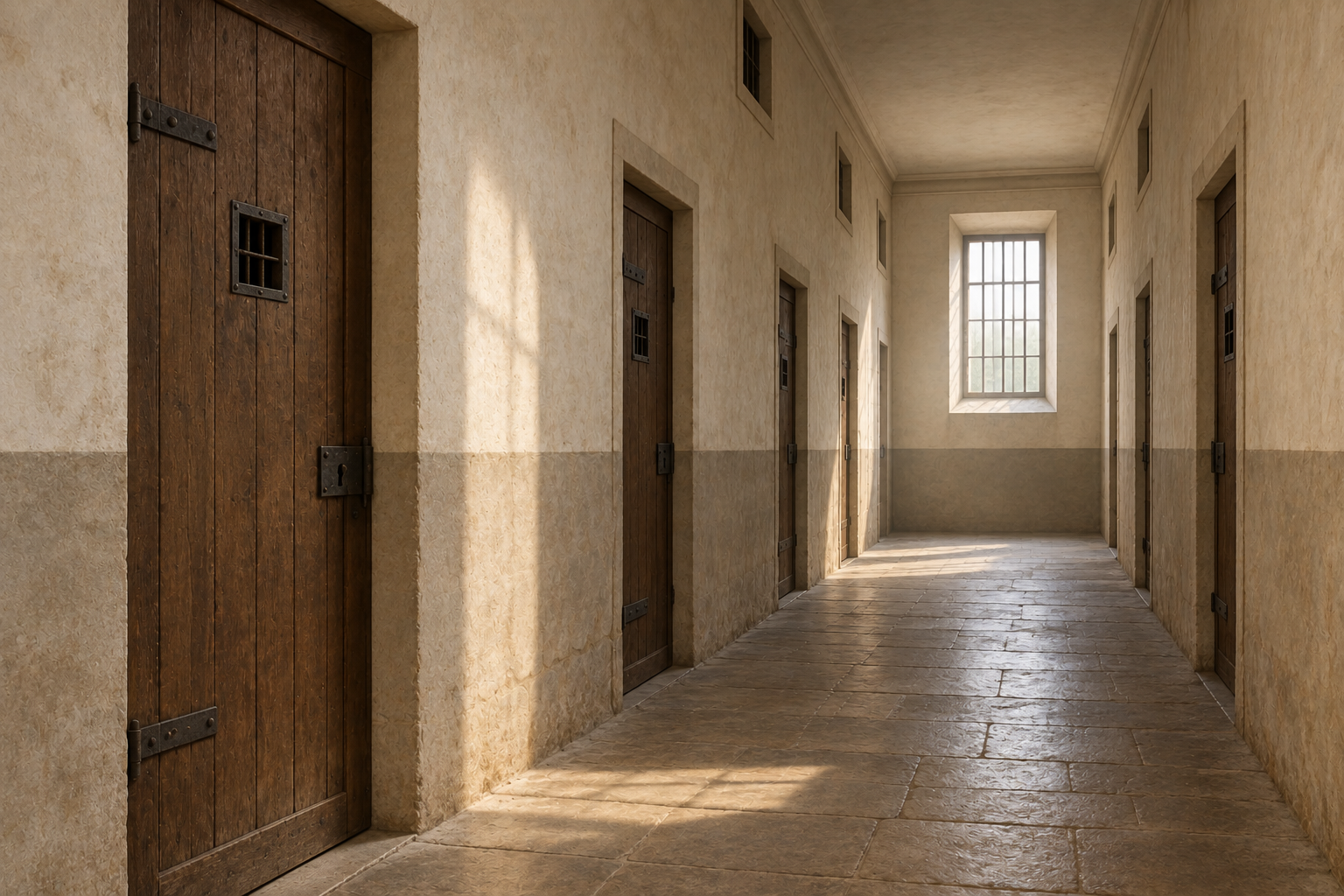 Couloir vide et porte fermée d’une prison française imaginée.