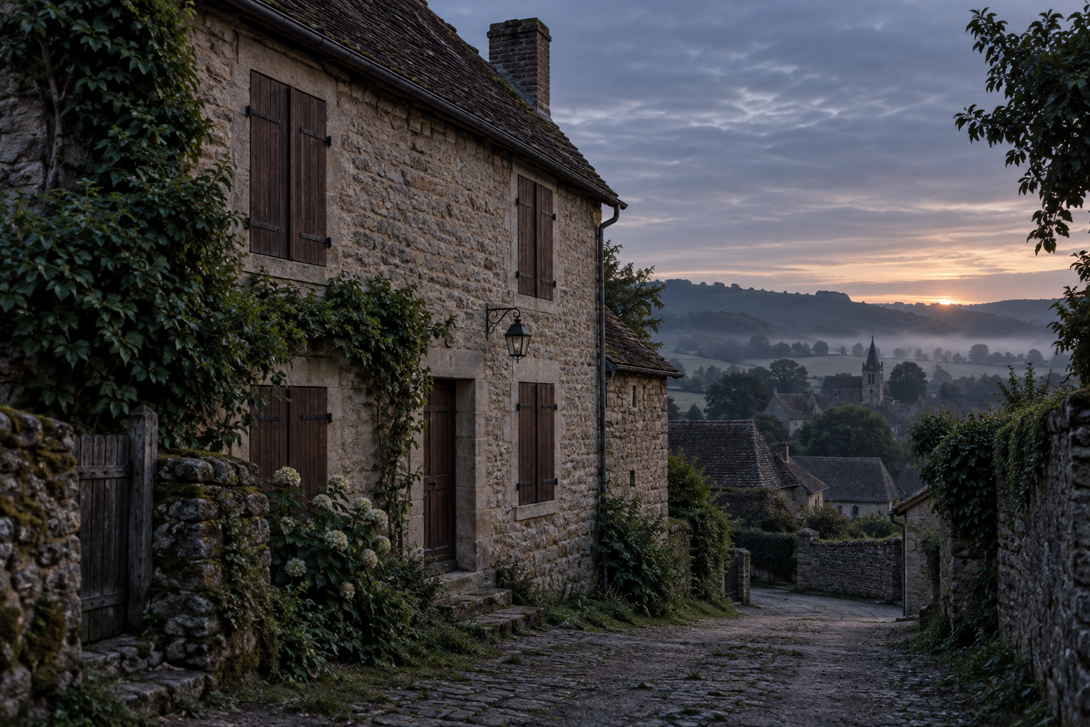 Maison rurale imaginée, aux volets fermés, dans la lumière de l’aube.