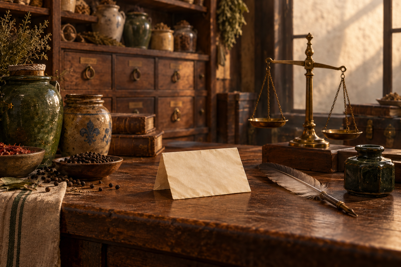Billet plié, plume et balance sur un comptoir de marchand ancien.