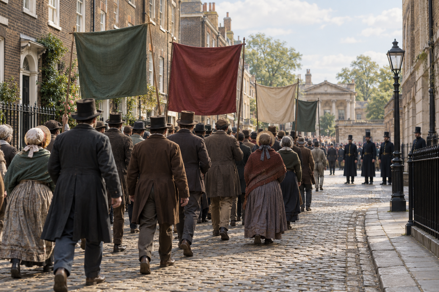 Évocation d’une procession à Londres en 1833, avant la mêlée, avec bannières vues de dos et policiers éloignés.