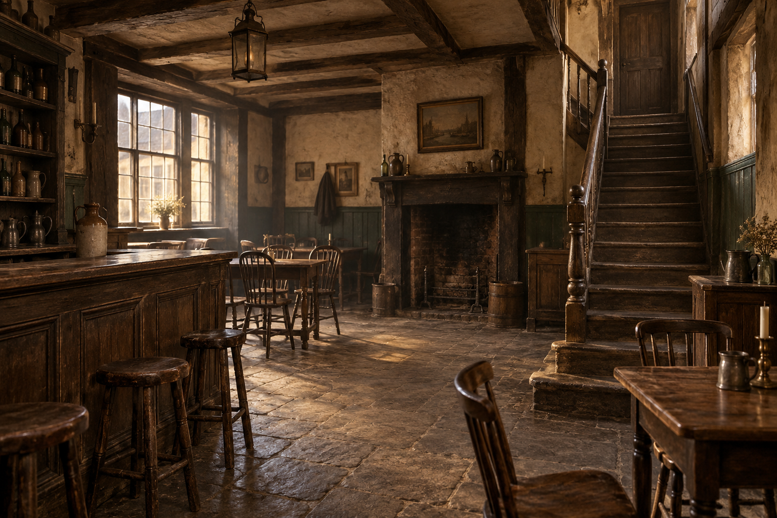 Illustration contemporaine : Salle d’auberge vide avec comptoir, cheminée, tables et escalier de bois.