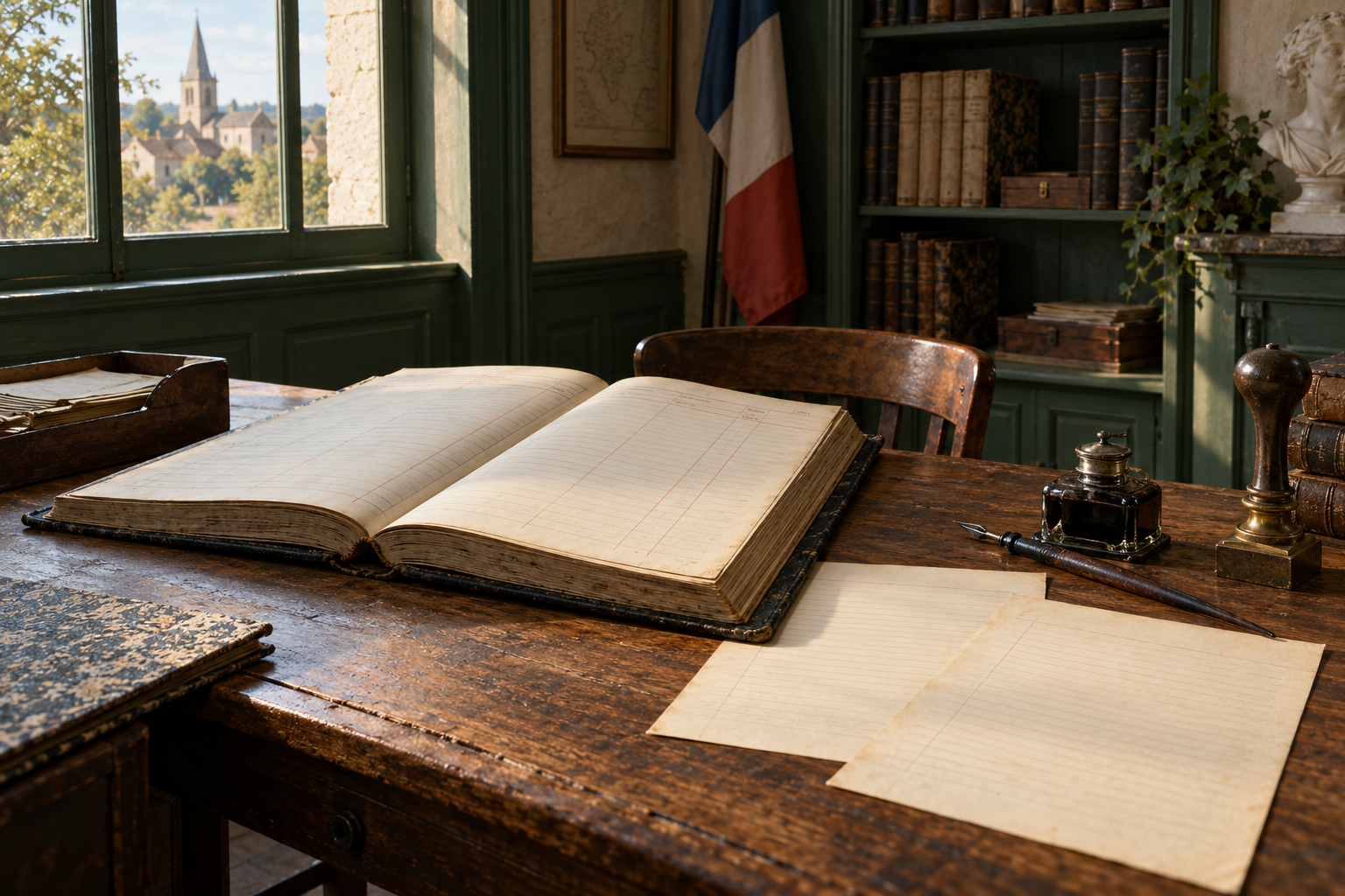 Deux feuilles d’état civil posées à côté d’un registre ouvert dans un bureau ancien.