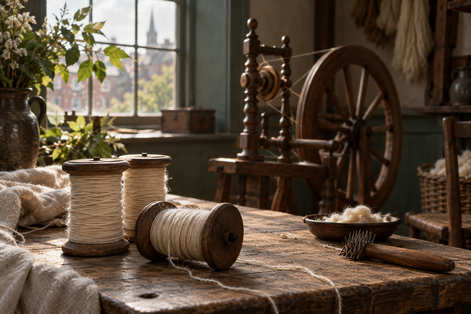Bobines de fil au repos dans un atelier domestique imaginé.