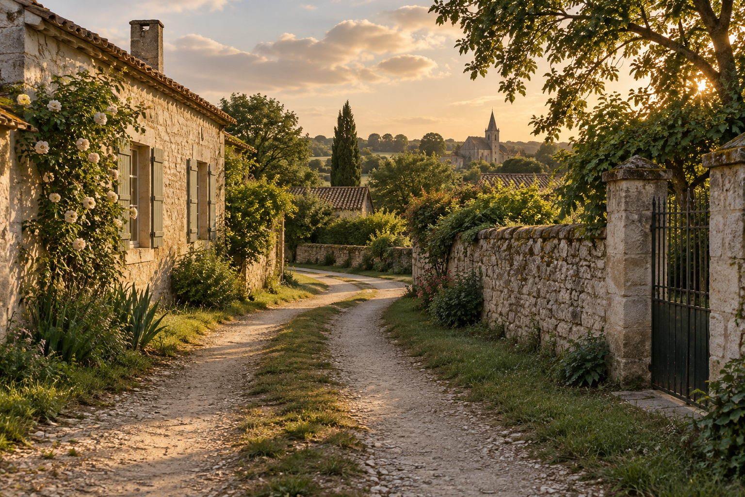 Chemin de village imaginé, bordé d’un jardin et d’une maison de pierre.