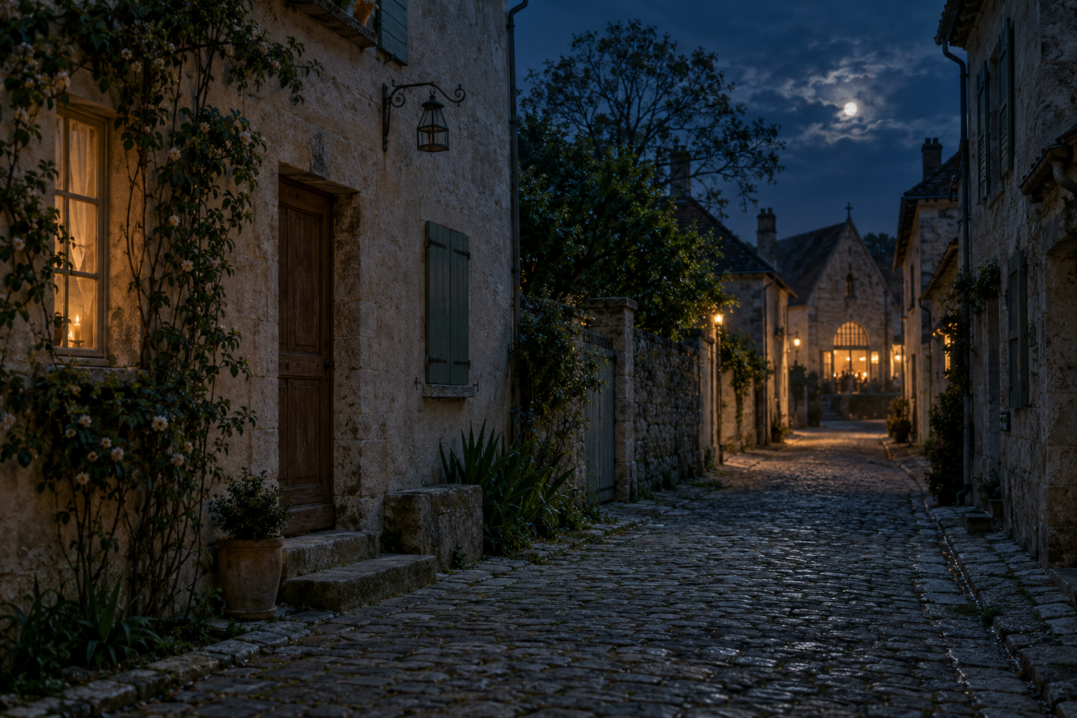 Évocation d’une rue de village vide au premier plan, à la nuit, avec la lumière d’une fête et des silhouettes au loin.