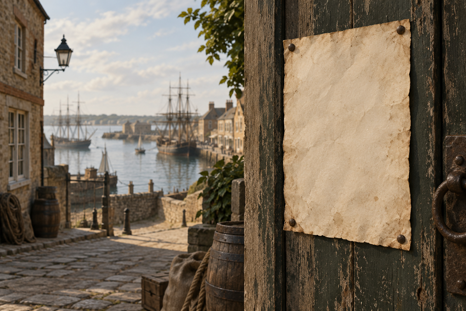 Feuille de papier fixée sur une porte ancienne, près d’un port à voiliers.