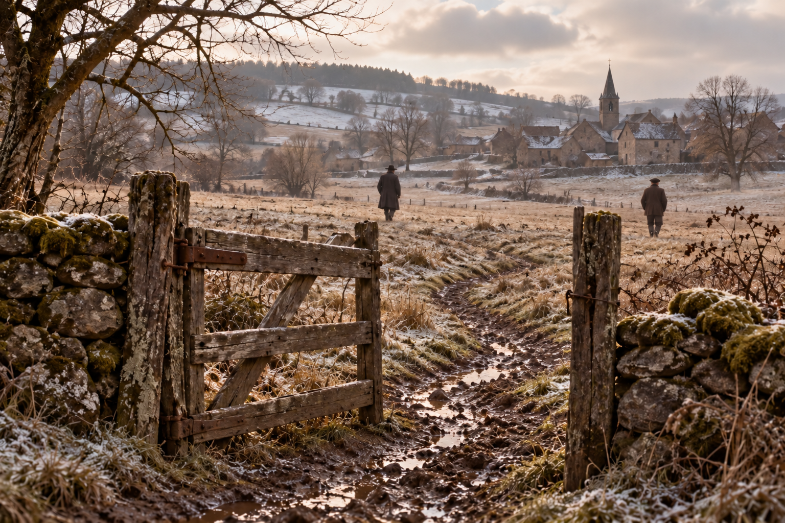 Évocation contemporaine du pré des Trémouilles : barrière, paysage hivernal et deux silhouettes éloignées.