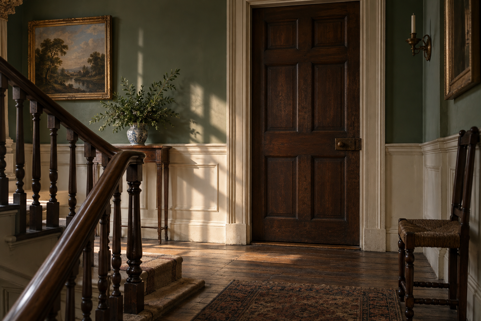 Porte fermée et palier de bois dans une maison londonienne imaginée du XVIIIe siècle.
