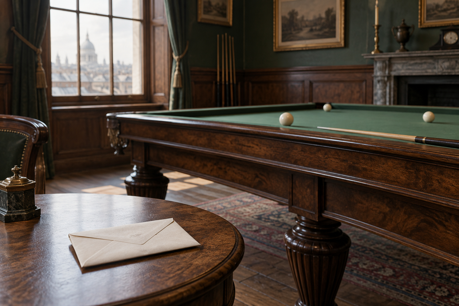Table de billard et lettre pliée dans une salle de jeu londonienne imaginée.