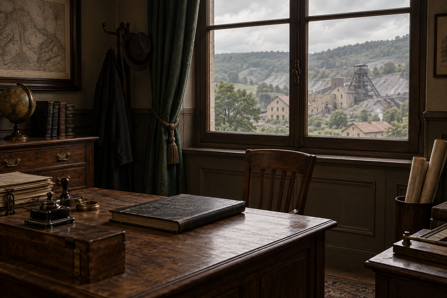 Fenêtre fermée et bureau vide dans une compagnie minière imaginée.