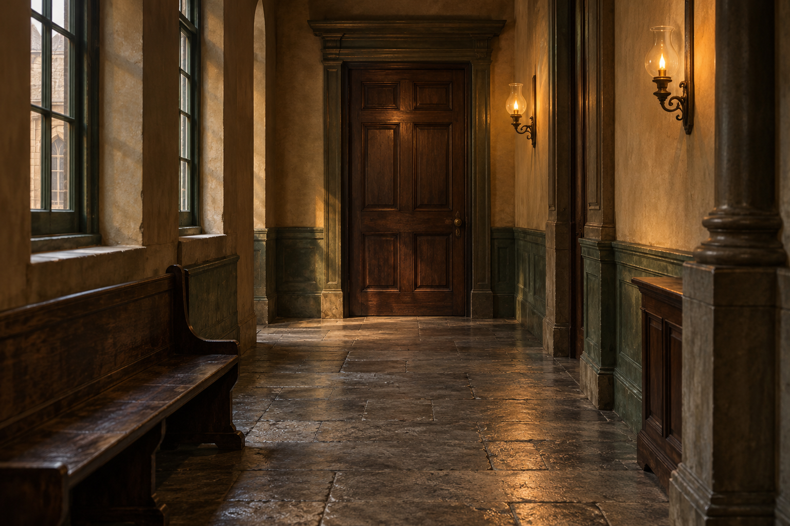 Couloir ancien d’un palais de justice, avec porte de bois et éclairage tamisé.