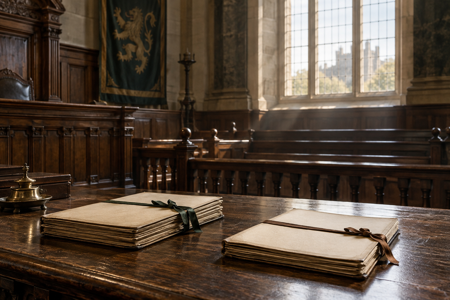 Deux dossiers fermés sur une table dans une salle judiciaire écossaise imaginée.