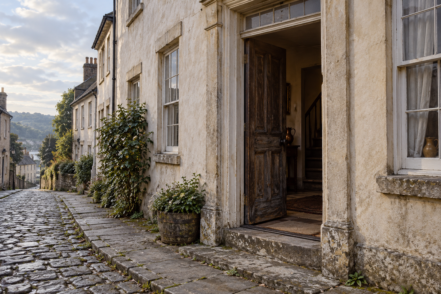 Évocation d’une rue ancienne de Monmouth avec la porte d’une maison entrouverte, sans personne visible.