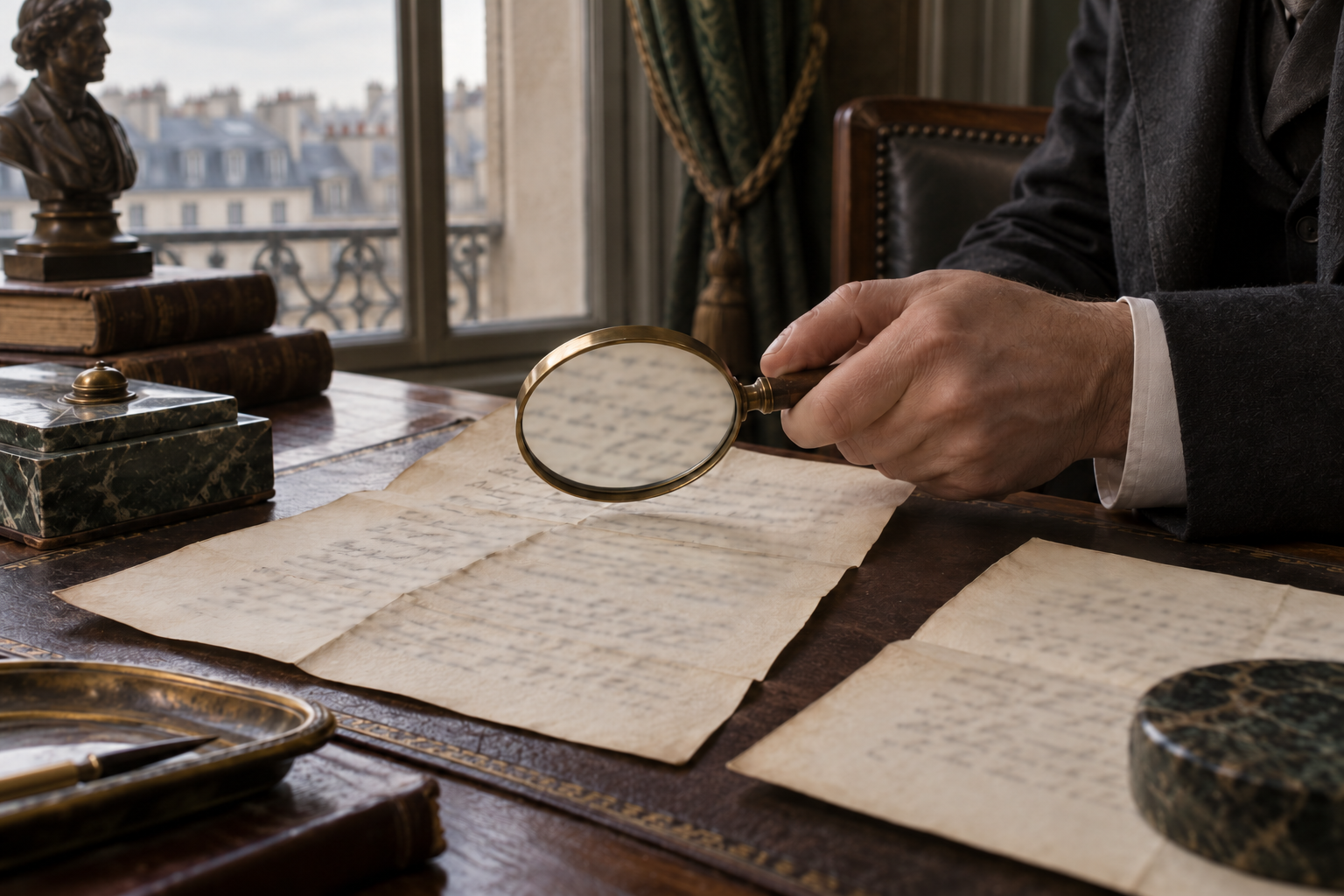 Évocation de l’examen d’un bail ancien sur une table parisienne, avec une main et une loupe, sans écriture lisible.
