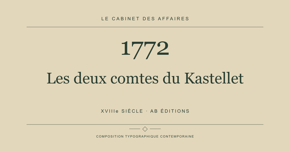 Couverture typographique : Les deux comtes du Kastellet — 1772, XVIIIe siècle.