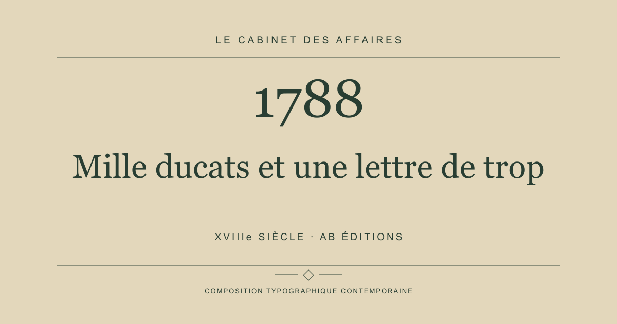 Couverture typographique : Mille ducats et une lettre de trop — 1788, XVIIIe siècle.